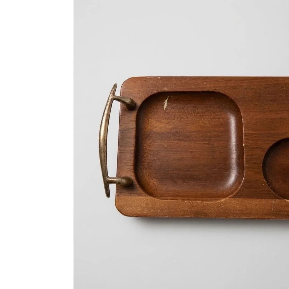 Mid Century Modern Wood Serving Tray with Brass Handles and Napkin Holder MCM